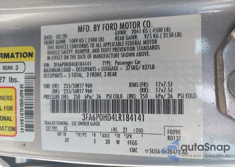 2020 Ford Fusion Se из США, поврежденный, VIN 3FA6P0HD4LR184141